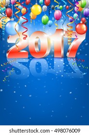 Happy New Year 2017 bright red blue colored vertical A-format greeting card with 3D glossy numbers and balloons. Vector template