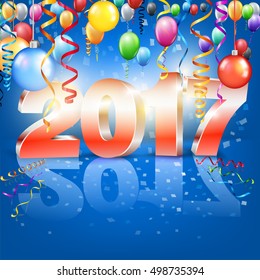Happy New Year 2017 bright blue colored vertical A-format greeting card with 3D glossy numbers and balloons. Vector template