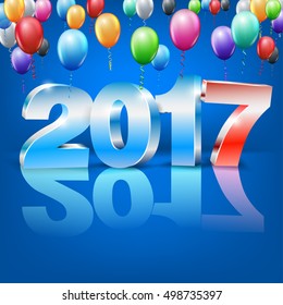 Happy New Year 2017 bright blue colored greeting card with 3D glossy numbers and balloons. Vector template