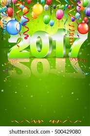 Happy New Year 2017 bright green greeting card with 3D glossy numbers and balloons. Vector template