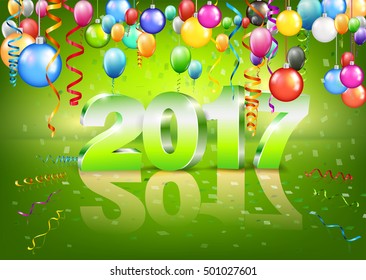 Happy New Year 2017 bright horizontal green greeting card with 3D glossy numbers and balloons. Vector template