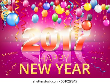 Happy New Year 2017 bright red purple colored greeting card with 3D glossy numbers and balloons. Vector template