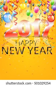 Happy New Year 2017 bright yellow greeting card with 3D glossy numbers and balloons. Vector template