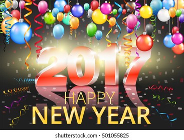 Happy New Year 2017 bright black greeting card with 3D glossy numbers and balloons. Vector template