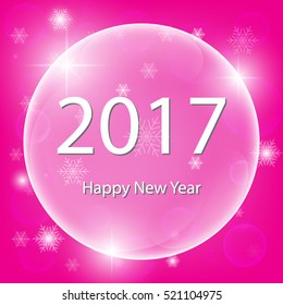 Happy new year 2017 Bubbles water and snow flake on pink background, vetor design