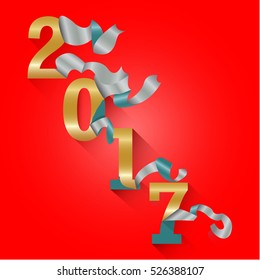 Happy New Year 2017. Calendar design typography vector illustration.
Blues and gold sticker on red background with shadows.

