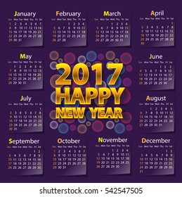 Happy New Year 2017 calendar on dark purple color design vector illustration.