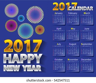 Happy New Year 2017 calendar on night blue color design vector illustration.