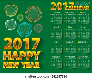 Happy New Year 2017 calendar on green color design vector illustration.