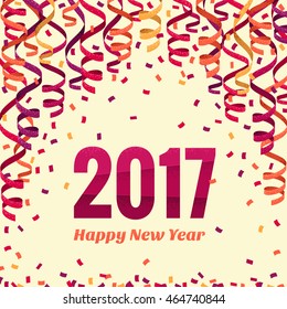 Happy New Year 2017 card. Colorful paper streamers and confetti. Retro vector illustration. Place for your text. Design for poster, invitation, gift certificate 