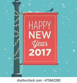 Happy new year 2017 card, street sign, editable vector design