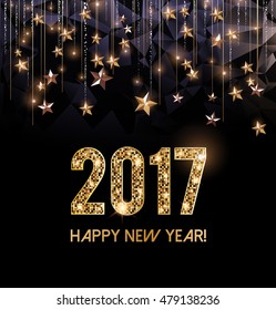 Happy New Year 2017 card, gold letters and gold stars