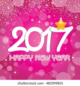 Happy New Year 2017 Card with fireworks glowing fire on background blurred. Poster, greeting card, banner or invitation. Vector illustration EPS 10