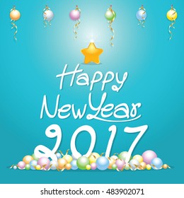 Happy New Year 2017 Card with fireworks glowing fire on background blurred. Poster, greeting card, banner or invitation. Vector illustration EPS 10