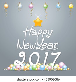 Happy New Year 2017 Card with fireworks glowing fire on background blurred. Poster, greeting card, banner or invitation. Vector illustration EPS 10