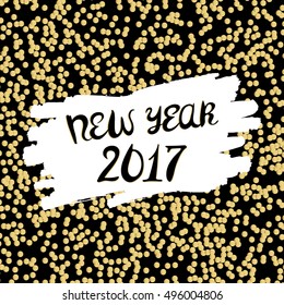 Happy New Year 2017 card template vector with confetti gold glittering background. Vector illustration.