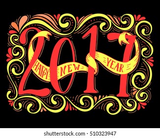 Happy new year 2017 card with hand drawn lettering.Vector illustration.