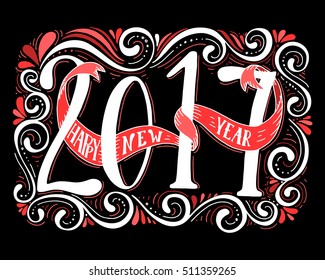 Happy new year 2017 card with hand drawn lettering.Vector illustration.