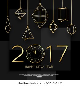 Happy New Year 2017 card template with gold clock
