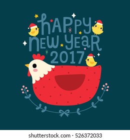 Happy New Year 2017 card. Cute chicken and hen. Vector Illustration.