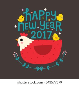 Happy New Year 2017 Card. Huhn und Henne fressen. Vektorgrafik.