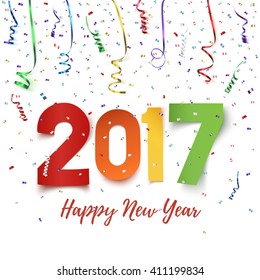 Happy New Year 2017 celebration background. Colorful paper typeface on backdrop with ribbons and confetti on white. Greeting card template. Vector illustration.