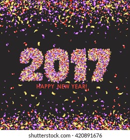 Happy New Year 2017 celebration background.Colorful digital type on black with confetti. Greeting card template. Vector illustration.