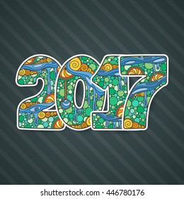 Happy New Year 2017 celebration number. Vector Xmas illustration in zentangle. Christmas background.