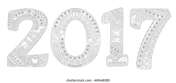 Happy New Year 2017 celebration number. Antistress coloring book. Vector illustration.