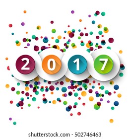 Happy New Year 2017 celebration with colorful confetti template background. Vector paper illustration.