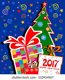 Happy new year 2017. Celebration blue background with Christmas tree, gift boxes and place for your text. vector illustration