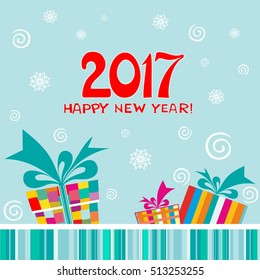 Happy new year 2017. Celebration  background with Christmas  gift boxes and place for your text. Vector Illustration