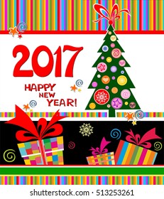 Happy new year 2017. Celebration black background with Christmas tree, gift boxes, stars and place for your text. Vector Illustration