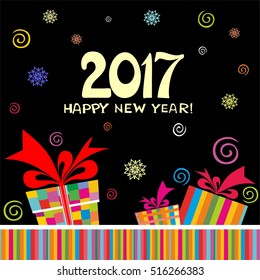 Happy new year 2017. Celebration black  background with Christmas gift boxes and place for your text. Vector Illustration