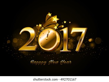 Happy New Year 2017 celebrations greeting card design with golden clock and star background.