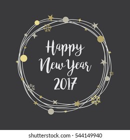 Happy New Year 2017 chalkboard handwriting Letter with glitter  christmas snowflake wreath vector greeting illustration.