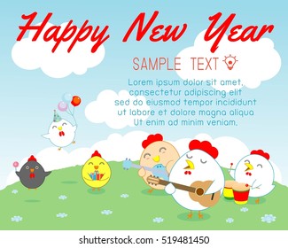 Happy New Year 2017 chicken background, happy cock with Happy new year party 2017, rooster, Colorful Vector Illustration