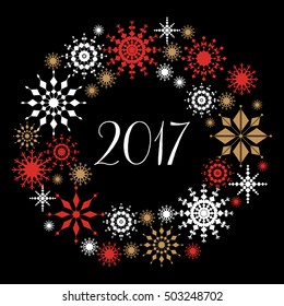 Happy New Year 2017 and Christmas greeting card with wreath of snowflakes. Vector illustration