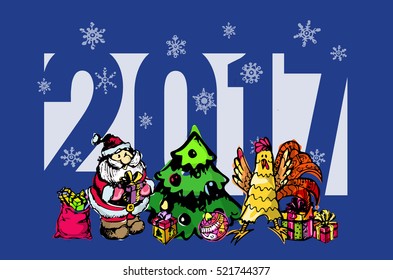 Happy new year 2017.  Christmas and New Year objects.Hand-drawn with ink. Vector illustration.
