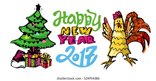 Happy new year 2017.  Christmas and New Year objects.Hand-drawn with ink. Vector illustration.