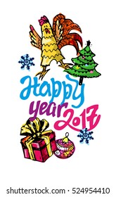 Happy new year 2017.  Christmas and New Year objects.Hand-drawn with ink. Vector illustration.