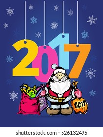 Happy new year 2017.  Christmas and New Year objects.Hand-drawn with ink. Vector illustration.
