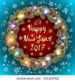 Happy New Year 2017 and Christmas greeting card with wreath of snowflakes. Vector illustration art