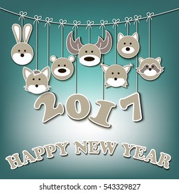 Happy new year 2017 and Christmas decorations in the form of forest animals muzzles weighing on a string. Vector illustration