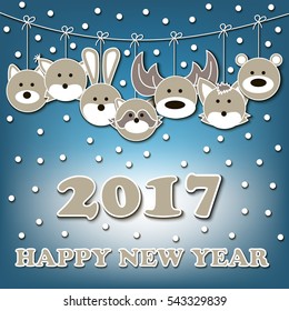 Happy new year 2017 and Christmas decorations in the form of forest animals muzzles weighing on a string. Vector illustration