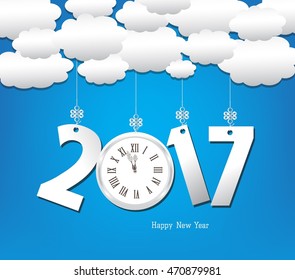 Happy new year 2017 with clock, cloud and sky background