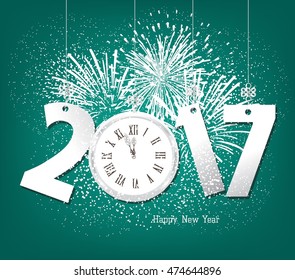 Happy New Year 2017 with clock and fireworks