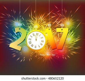 Happy New Year 2017 clock and Fireworks colorful