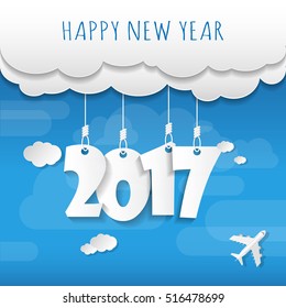 Happy new year 2017 cloud and sky vector background year of rooster can be use for your artwork homepage or website . simple 2017 greeting card design / blue 2017 hanging word . vector illustration.