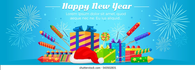 Happy New Year 2017. Collection of colourful fireworks, gift boxes, Santa Claus hat on blue background. Attributes of New year lollipop and winter decorations on greeting card. Vector illustration.